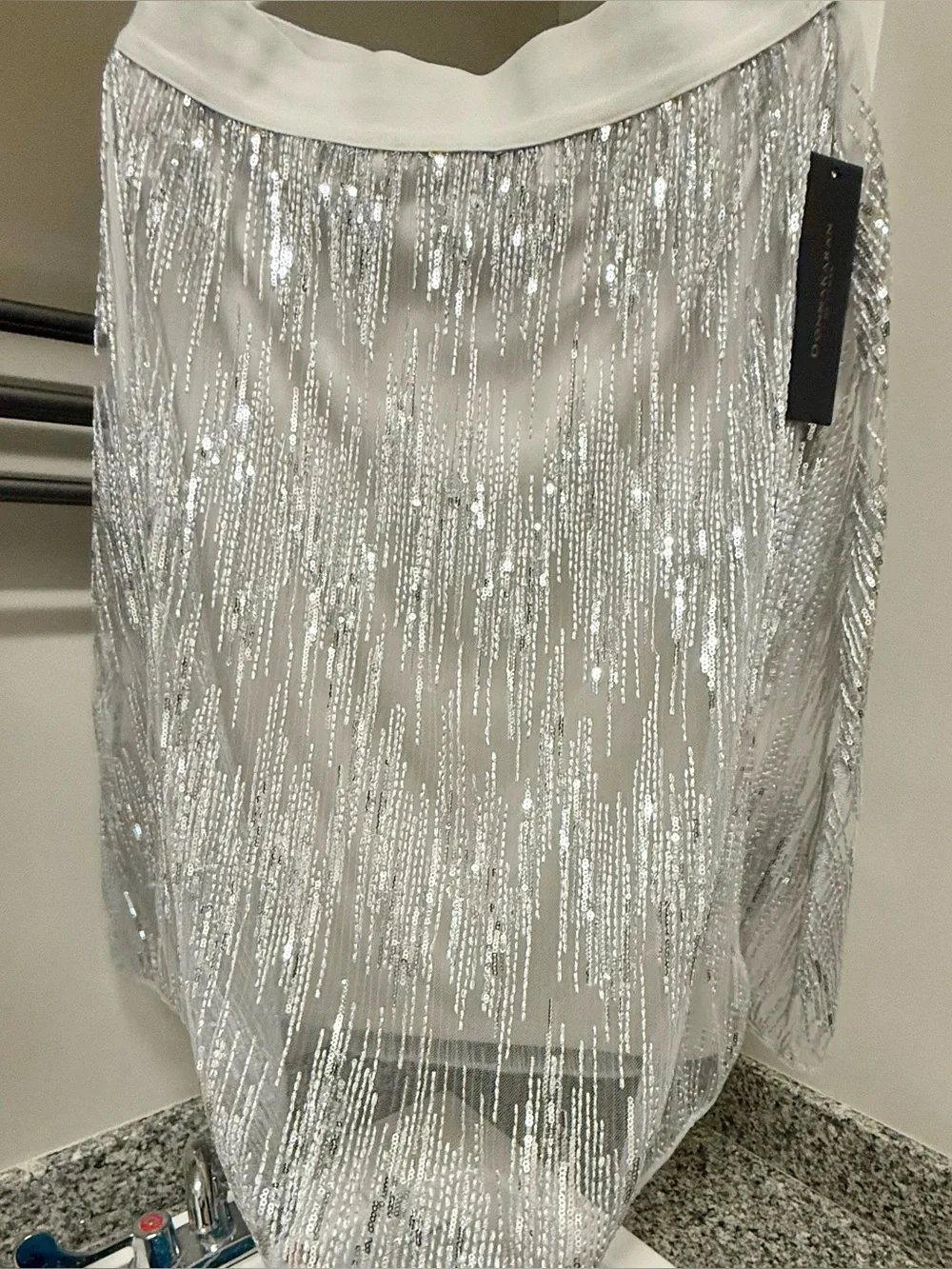 NWT Donna Karan Silver Sequin Fringe Skirt
